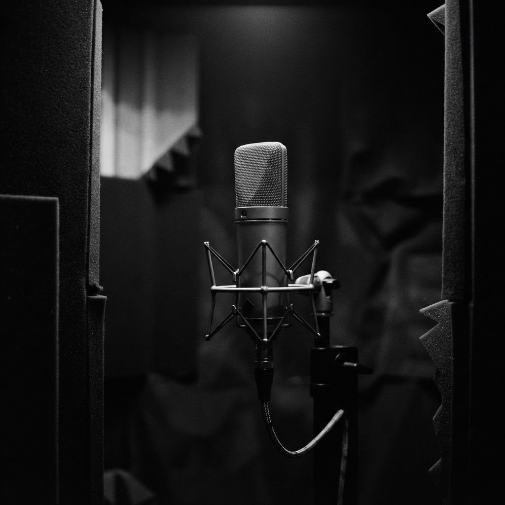 Studio microphone in a dark recording booth