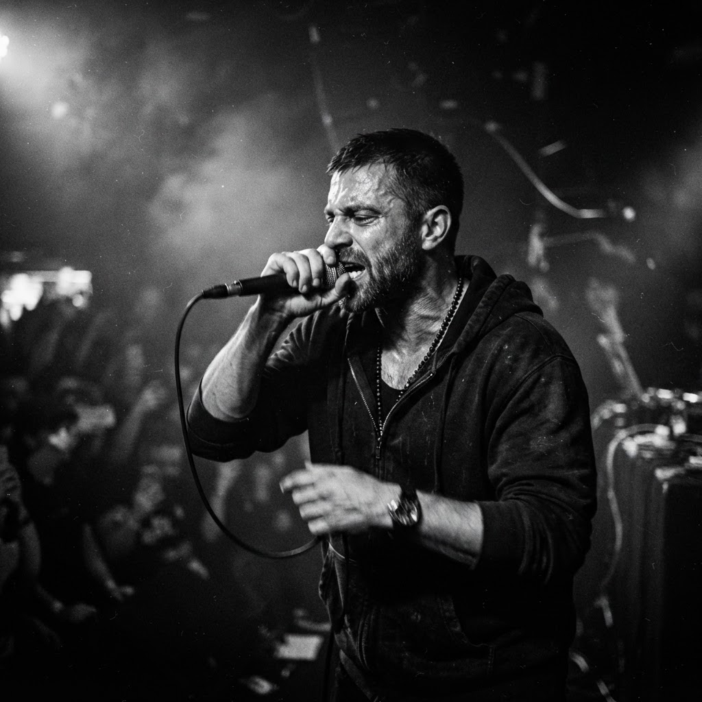Rapper performing intensely into a microphone