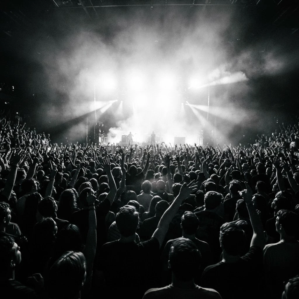 Crowd at a live music show with hands raised toward the stage